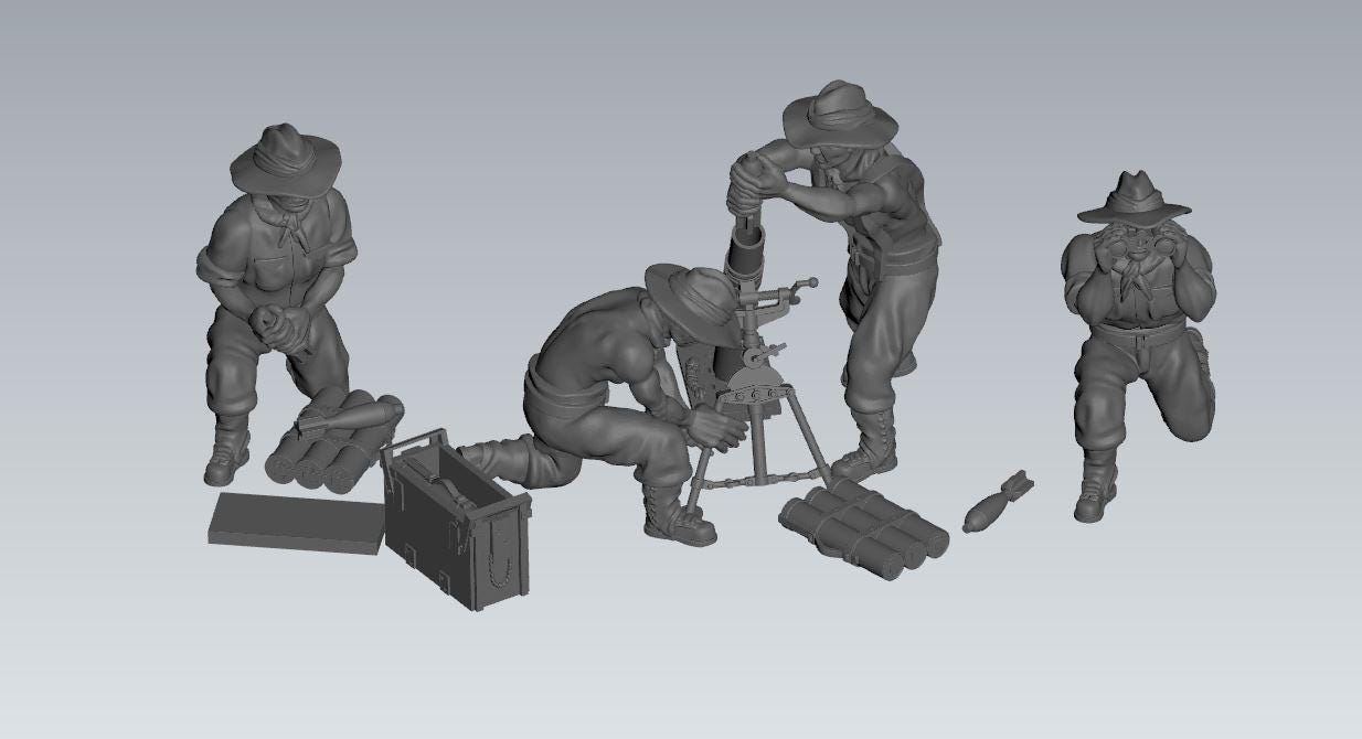 3D Printed Australian 3 inch Mortar and Crew - 1:56 Scale Miniatures